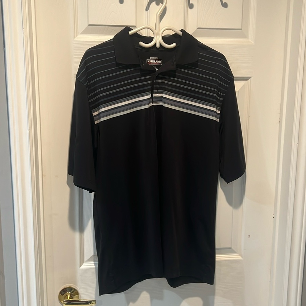 Kirkland signature golf shirt, size large.  Black/ white stripes